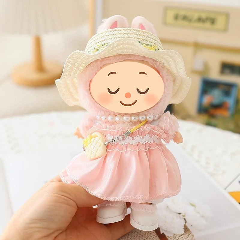Handmade Elegant Summer Dress Set for Labubu-Style Dolls – 5-Piece Outfit with Hat, Shoes, and Accessories (15–17cm Compatible)
