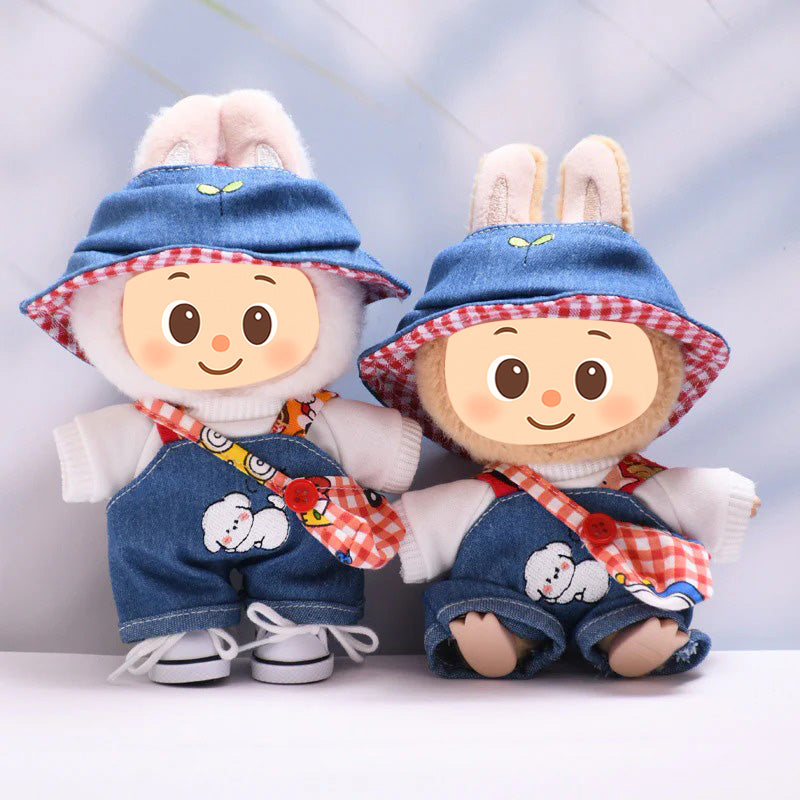 Denim Casual Outfit Set – Clothes for Labubu-Style Dolls with Hat & Bag for 15–17cm Dolls
