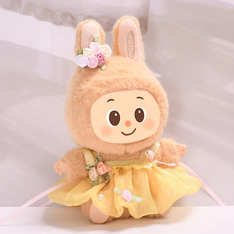 Handmade Yellow Dress with Floral Headpiece for Labubu-Compatible Dolls – Elegant Outfit with Butterfly Wings