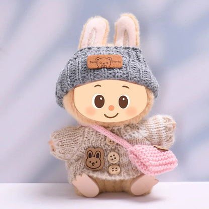 Knitted Outfit Set for Dolls Compatible with Labubu – Handmade Sweater, Hat & Bag