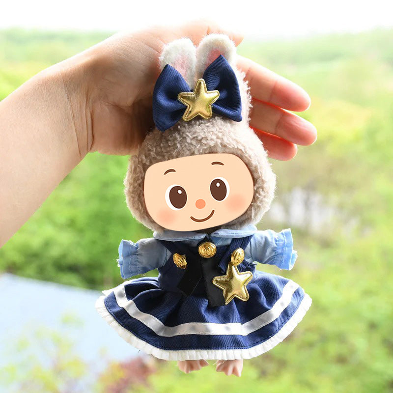 Elegant Navy Blue Dress Outfit Compatible with Labubu – 2-Piece Doll Clothes Set with Gold Star Bow and Shirt Skirt Design