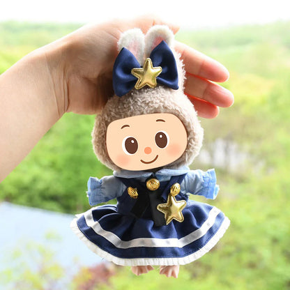 Elegant Navy Blue Dress Outfit Compatible with Labubu – 2-Piece Doll Clothes Set with Gold Star Bow and Shirt Skirt Design