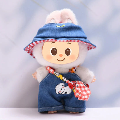 Denim Casual Outfit Set – Clothes for Labubu-Style Dolls with Hat & Bag for 15–17cm Dolls