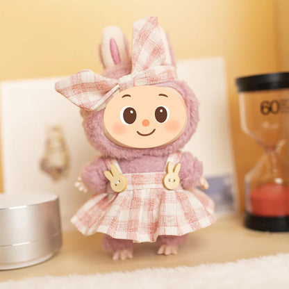 Plaid Doll Dress Set Compatible with Labubu – Handmade Bunny Strap Outfit with Matching Bow Headband – 2 Pastel Options