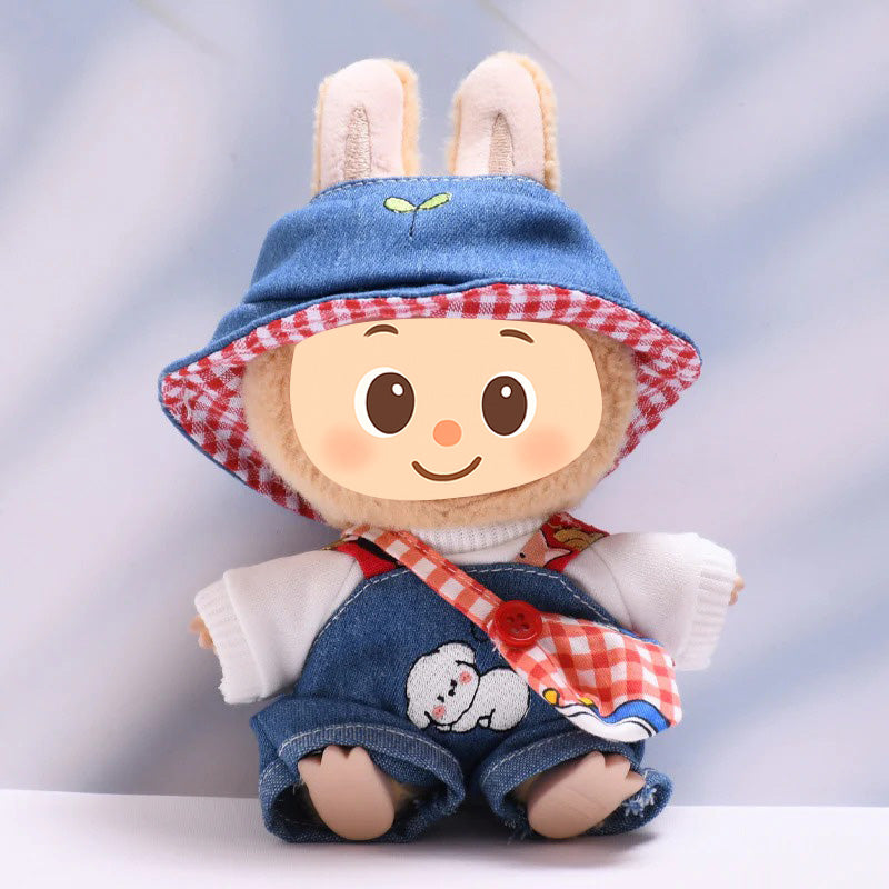 Denim Casual Outfit Set – Clothes for Labubu-Style Dolls with Hat & Bag for 15–17cm Dolls
