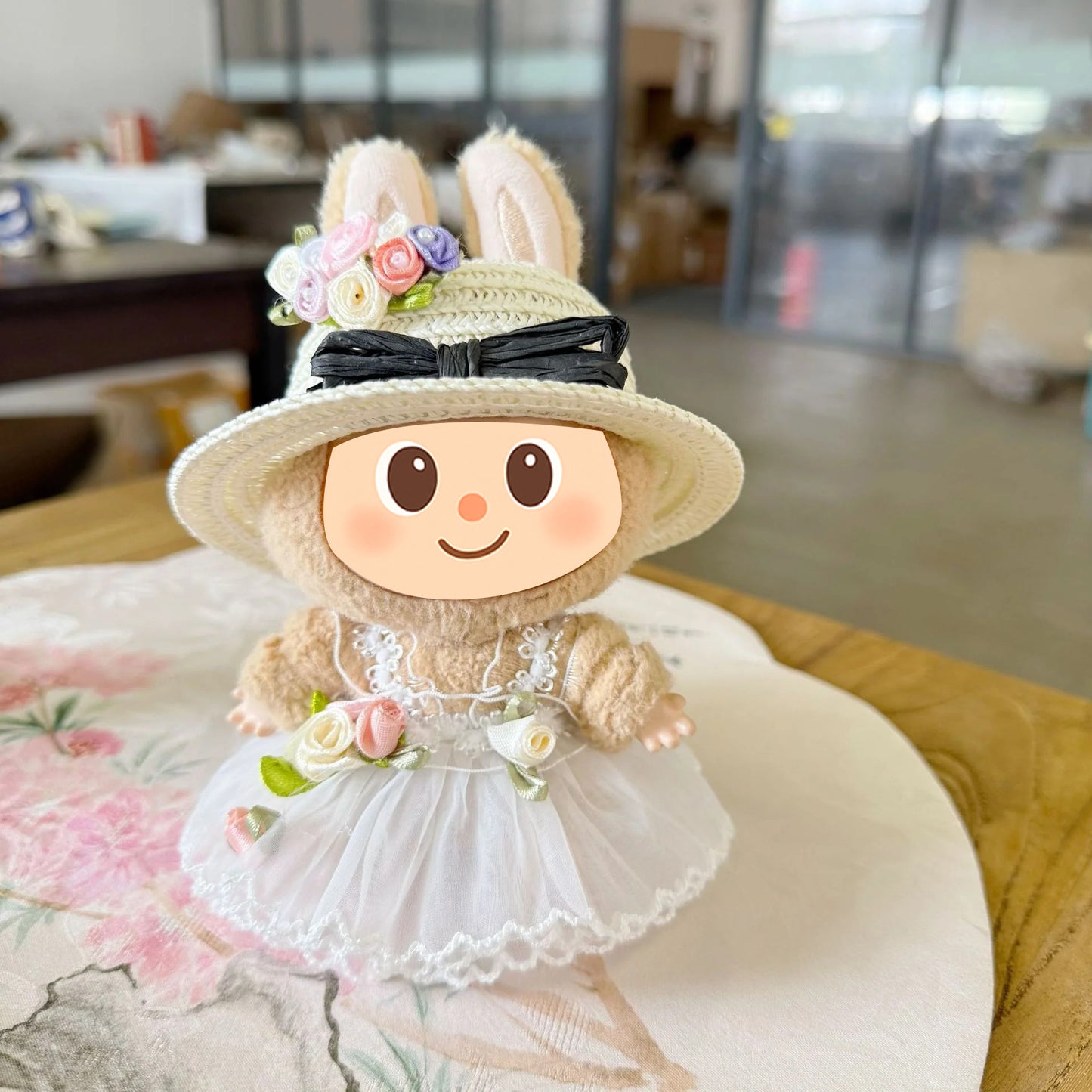 Handmade Floral Dress and Sunhat Set for Labubu – Summer Outfit for Dolls Compatible with Labubu – Includes Dress, Hat, and Flower Clip