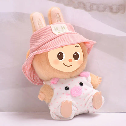 Piggy Romper Set for Labubu-Style Dolls – Soft Pink Outfit with Bucket Hat for 15–17cm Figures