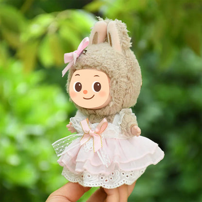 Handmade Pink Lace Doll Dress with Bow – Compatible with Labubu – Fits 15–20cm Dolls