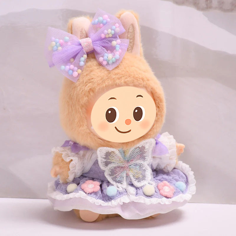 Handmade Purple Dress and Hair Bow Set for Labubu Dolls – 2-Piece Butterfly Outfit with Pastel Embellishments
