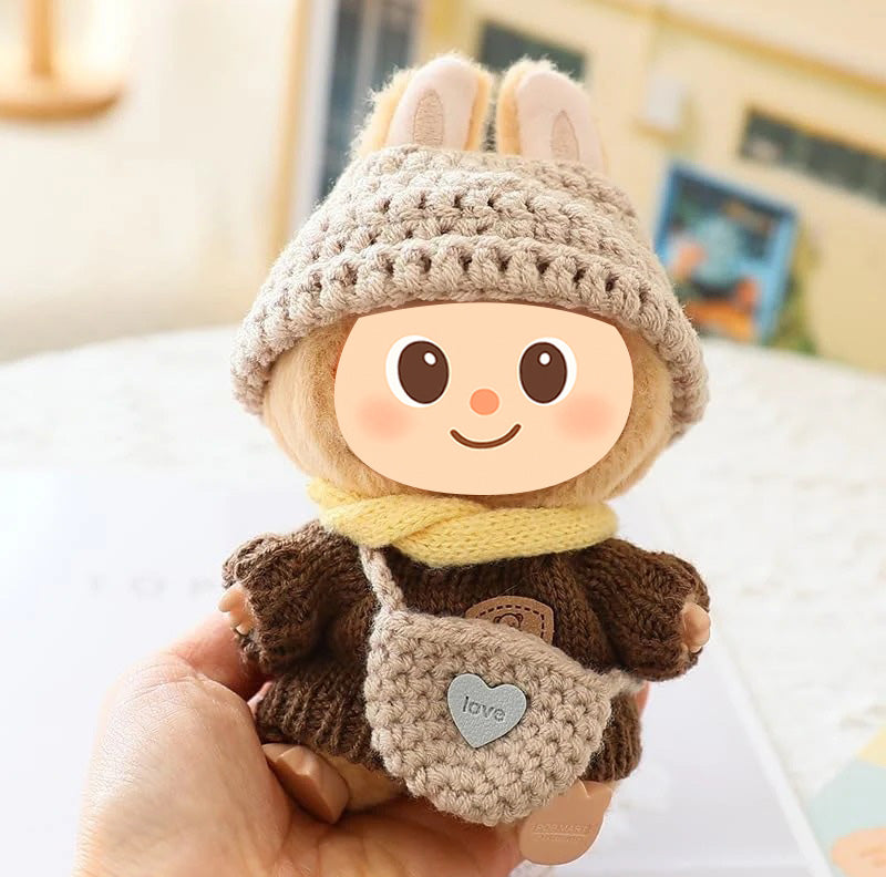Handmade Fall Knit Clothes for Labubu – 4-Piece & 5-Piece Outfit Set for Labubu-Compatible Dolls – Sweater, Hat, Bag, Scarf, Optional Shoes