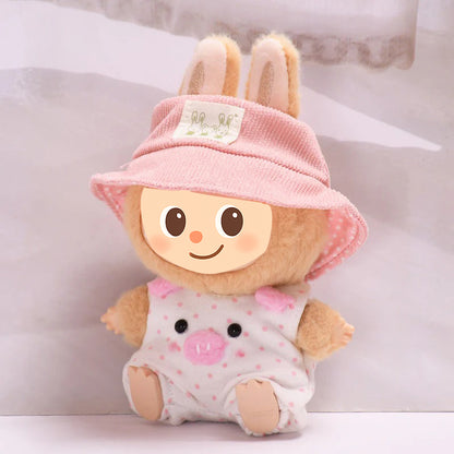 Piggy Romper Set for Labubu-Style Dolls – Soft Pink Outfit with Bucket Hat for 15–17cm Figures