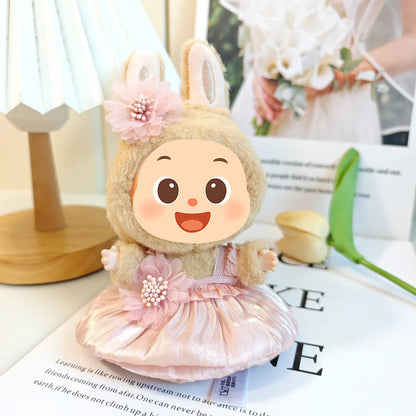 Handmade Elegant Dress Set for Labubu Dolls – 2-Piece Outfit with Pleated Skirt and Floral Headpiece