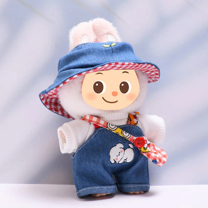 Denim Casual Outfit Set – Clothes for Labubu-Style Dolls with Hat & Bag for 15–17cm Dolls