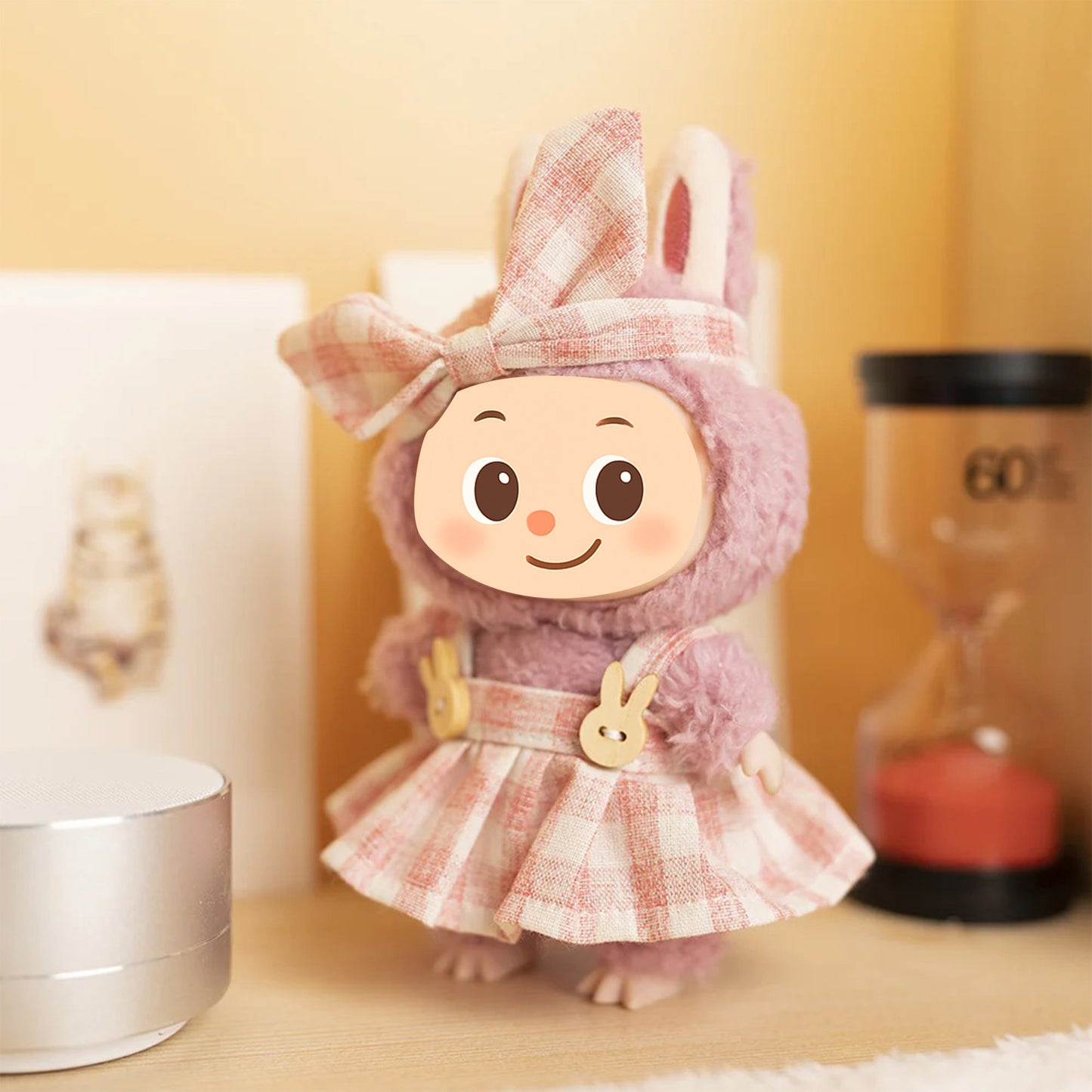 Plaid Doll Dress Set Compatible with Labubu – Handmade Bunny Strap Outfit with Matching Bow Headband – 2 Pastel Options