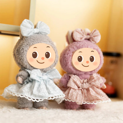 Doll Dress Set Compatible with Labubu – Handmade Bow Outfit with Headband in 4 Elegant Colors
