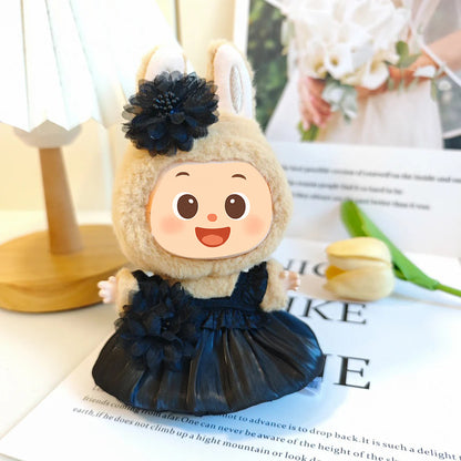 Handmade Elegant Dress Set for Labubu Dolls – 2-Piece Outfit with Pleated Skirt and Floral Headpiece