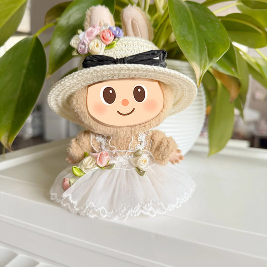 Handmade Floral Dress and Sunhat Set for Labubu – Summer Outfit for Dolls Compatible with Labubu – Includes Dress, Hat, and Flower Clip