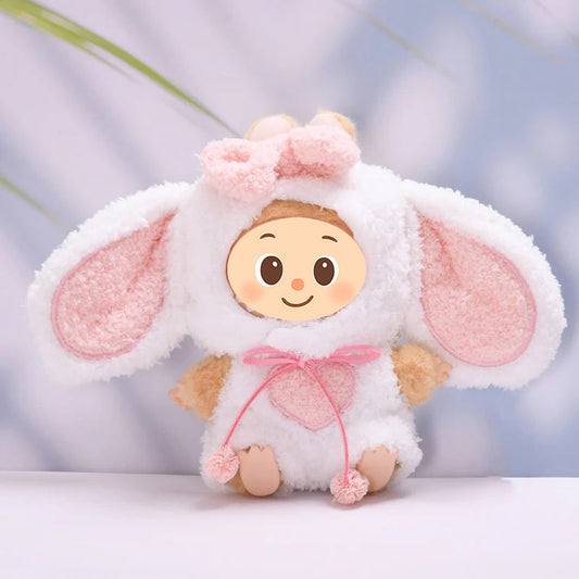 Fluffy Bunny Outfit for Labubu Dolls – 2-Piece White and Pink Heart Hoodie Set