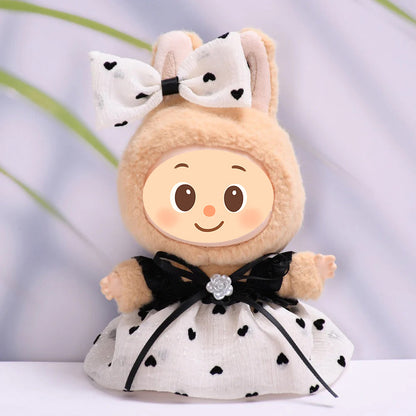 Chic Doll Dress Outfit for 15–17cm Figures – Fit Dolls Like Labubu – Bow & Heart Print