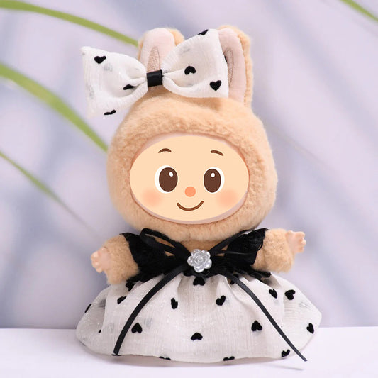 Chic Doll Dress Outfit for 15–17cm Figures – Fit Dolls Like Labubu – Bow & Heart Print