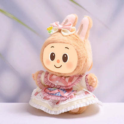 Vintage-Inspired Doll Dress Set – Fit for 15–17cm Labubu-Compatible Dolls – Lace Apron Style with Hair Bow
