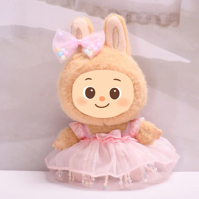 Sweet Tulle Dress Set fit Labubu Dolls – 2-Piece Princess Outfit with Bow Hair Clip for 15–17cm Dolls