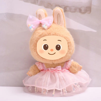 Sweet Tulle Dress Set fit Labubu Dolls – 2-Piece Princess Outfit with Bow Hair Clip for 15–17cm Dolls