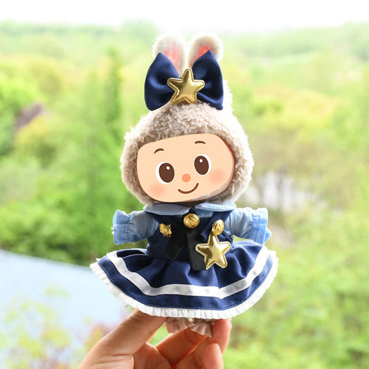 Elegant Navy Blue Dress Outfit Compatible with Labubu – 2-Piece Doll Clothes Set with Gold Star Bow and Shirt Skirt Design