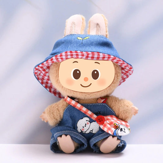 Denim Casual Outfit Set – Clothes for Labubu-Style Dolls with Hat & Bag for 15–17cm Dolls