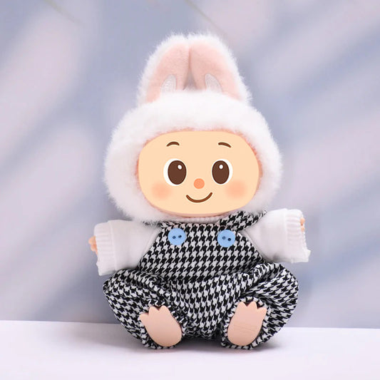Handmade Houndstooth Overalls Outfit for Labubu-Compatible Dolls – 3-Piece Vintage Casual Set with Hat, Knit Top & Straps