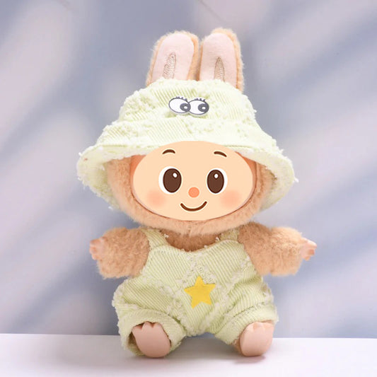 Soft Textured Overalls Set for Dolls like Labubu – 2-Piece Outfit with Bucket Hat