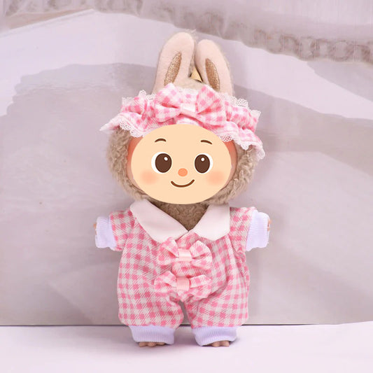 Sweet Plaid Doll Clothes Set – 2-Piece Outfit with Lace Headband and Bow Romper – Fit for 15–17cm Dolls Like Labubu