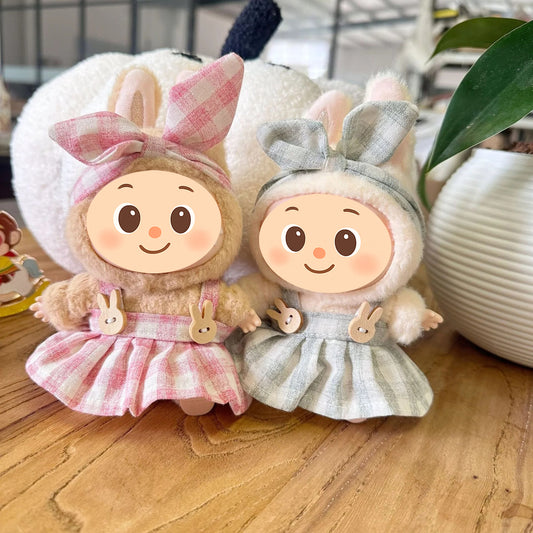 Plaid Doll Dress Set Compatible with Labubu – Handmade Bunny Strap Outfit with Matching Bow Headband – 2 Pastel Options