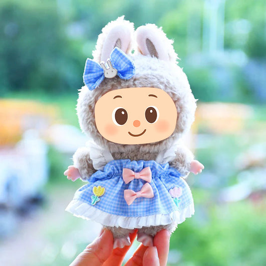 Handmade Gingham Dress Set for Labubu-Compatible Dolls – 2-Piece Blue Outfit with Floral Embroidery and Bow Clip