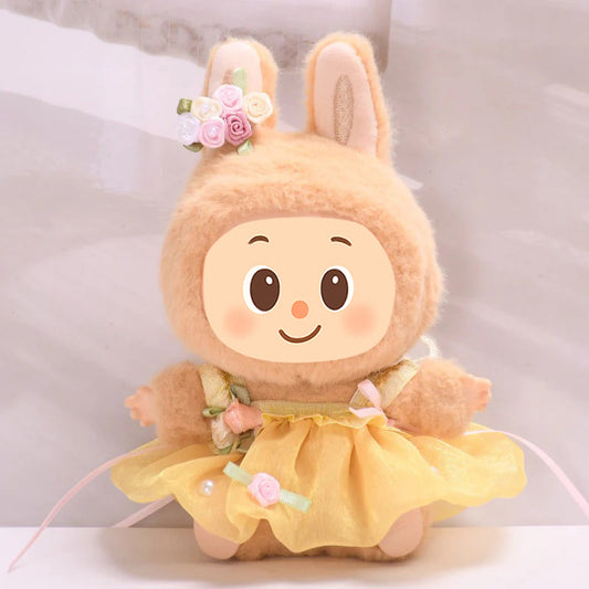 Handmade Yellow Dress with Floral Headpiece for Labubu-Compatible Dolls – Elegant Outfit with Butterfly Wings