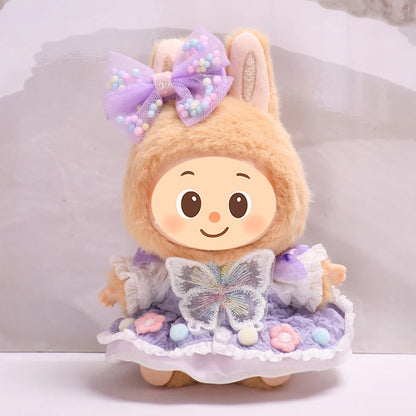Handmade Purple Dress and Hair Bow Set for Labubu Dolls – 2-Piece Butterfly Outfit with Pastel Embellishments