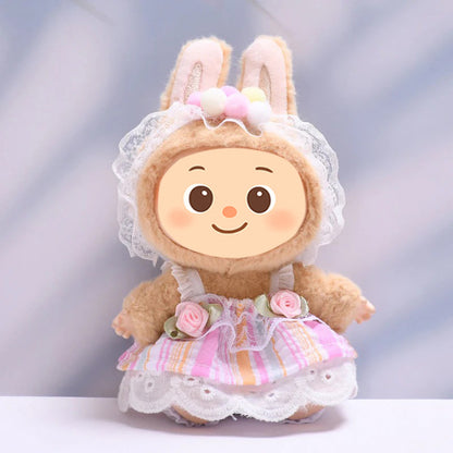 Handmade Pastel Dress Set for Labubu-Compatible Dolls – 3-Piece Sweet Floral Outfit with Headband, Skirt, and Bloomers