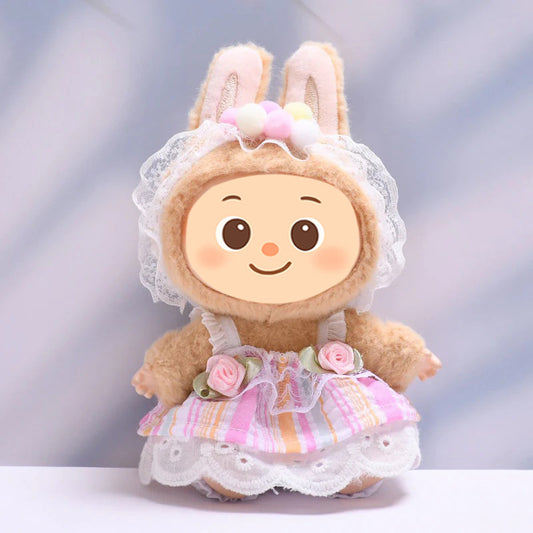 Handmade Pastel Dress Set for Labubu-Compatible Dolls – 3-Piece Sweet Floral Outfit with Headband, Skirt, and Bloomers