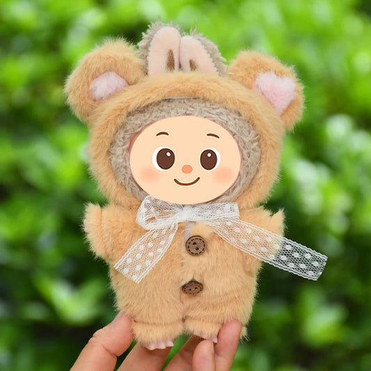 Handmade Plush Bear Costume for Labubu – 2-Piece Outfit with Ears Hood and Faux Fur Suit