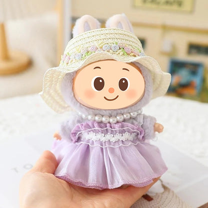 Handmade Elegant Summer Dress Set for Labubu-Style Dolls – 5-Piece Outfit with Hat, Shoes, and Accessories (15–17cm Compatible)