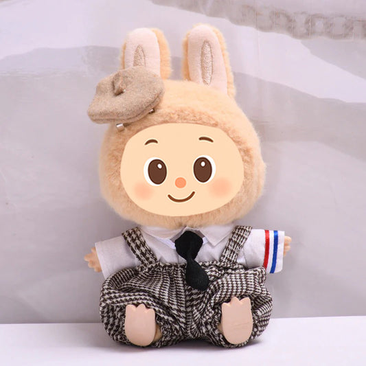 Handmade Vintage Plaid Outfit Set for Labubu-Compatible Dolls – 4-Piece Gentleman Look with Tie, Shirt, Pants & Hat