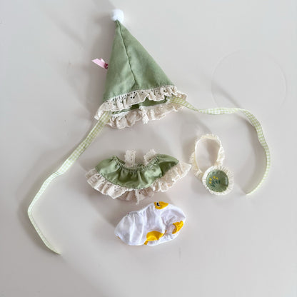 Whimsical Forest Elf Outfit for Labubu-Style Dolls – Handmade 4-Piece Fairy Costume Set with Bonnet, Skirt & Accessories