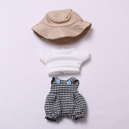 Handmade Houndstooth Overalls Outfit for Labubu-Compatible Dolls – 3-Piece Vintage Casual Set with Hat, Knit Top & Straps