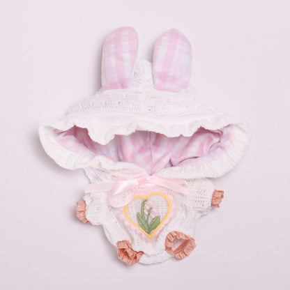 Handmade Knit Hoodie Outfit for 15–17cm Dolls – Fit for Labubu – Bunny Ears & Embroidered Heart