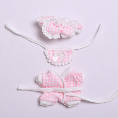 Gingham Pajama Set for Labubu – 3-Piece Sleepwear Outfit with Robe, Bib & Headband – Fit 15–17cm Dolls