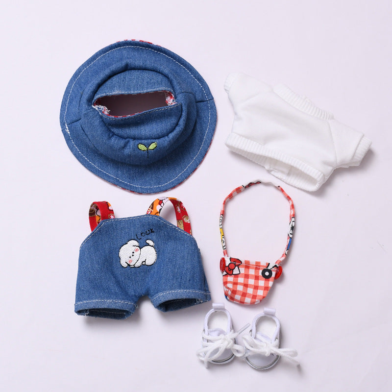 Denim Casual Outfit Set – Clothes for Labubu-Style Dolls with Hat & Bag for 15–17cm Dolls