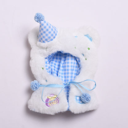 Bear Cloak Clothes for Labubu – 1-Piece Furry Cape Outfit Compatible with Labubu Dolls – Include Party Hat and Gingham Lining