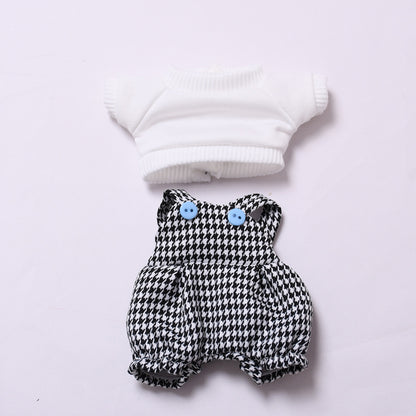 Handmade Houndstooth Overalls Outfit for Labubu-Compatible Dolls – 3-Piece Vintage Casual Set with Hat, Knit Top & Straps