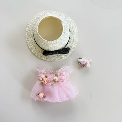 Handmade Floral Dress and Sunhat Set for Labubu – Summer Outfit for Dolls Compatible with Labubu – Includes Dress, Hat, and Flower Clip