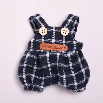 Woolen Overalls Outfit Set Fit for Labubu – 3-Piece Cozy Plaid Doll Clothes – Includes Denim Smile Hat, White Sweater Top, and Handmade Plaid Overalls